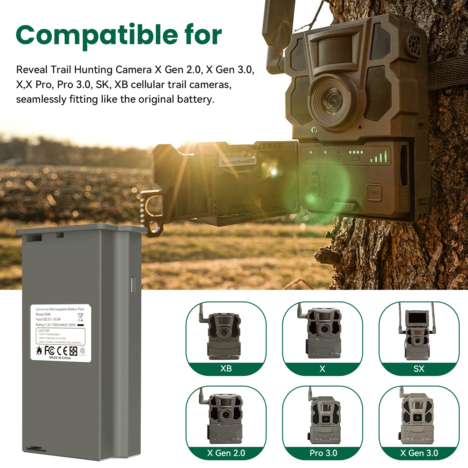 2Pack 7000mAh Lithium Battery Compatible with Trail Camera Lipo Lithium Battery Pack, for Trail Camera Reveal Camera Ultra, X, X Pro, Pro 3.0, X Gen 2.0 3.0, XB, SK - LED Meter and Solar Charging