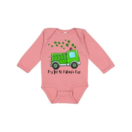 

Inktastic My 1st St. Patrick s Day Green Fire Truck with Clovers Gift Baby Boy or Baby Girl Long Sleeve Bodysuit