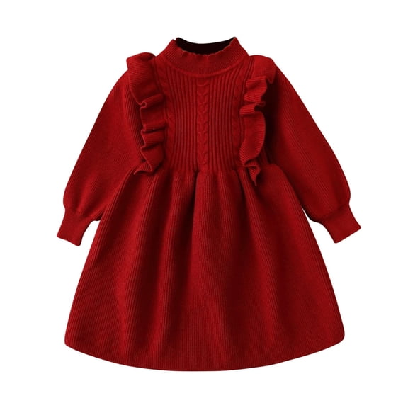 OGLCCG Girls Sweater Dress Fall Winter Lantern Long Sleeve Cable Knit Pullover Midi Dresses Soft Comfy Ruffled Pleated Princess Dress 1-8 Years