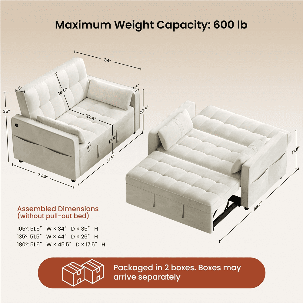 Renwick Convertible Sleeper Sofa Bed 3-in-1  Pull Out Couch Velvet Loveseat Couch with Adjustable Backrest, USB Ports, Side Pockets and Pillows for Living Room Bedroom, Beige