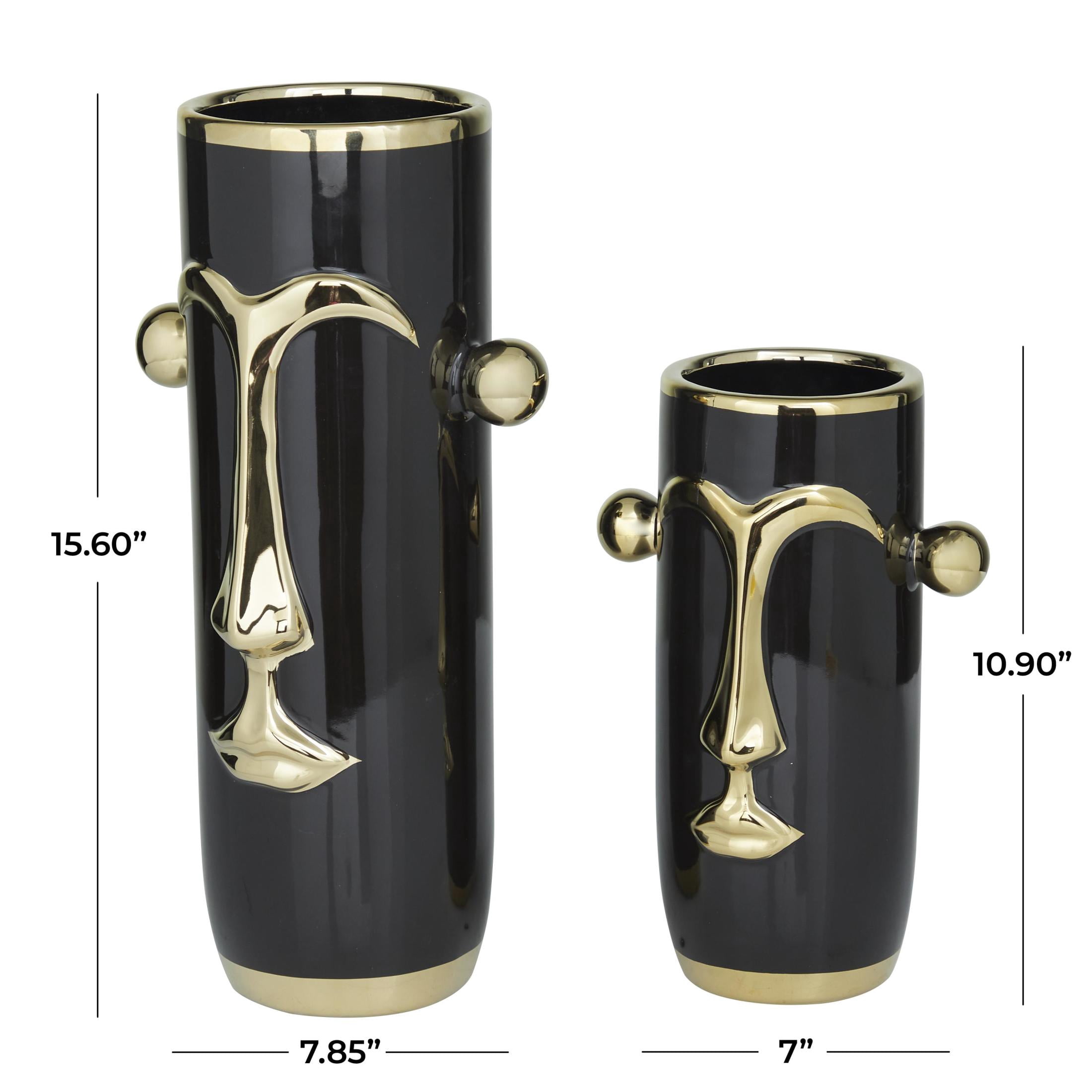DecMode 16", 11"H Face Abstract Black Ceramic Vase with Gold Details, Set of 2