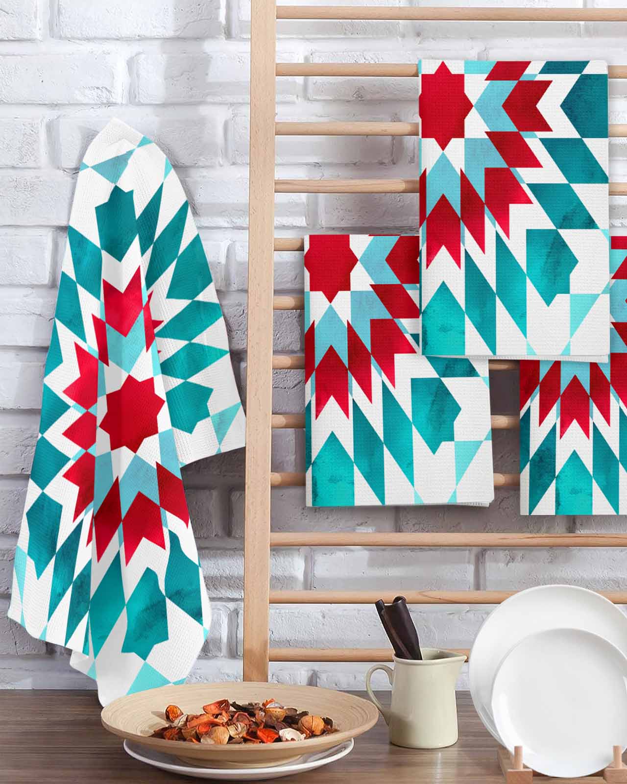 Red Turquoise Boho Kitchen Dish Towels for Drying Dishes Set of 2, Ethnic Tribal Aztec Abstract Geometric Waffle Weave Microfiber Terry Hand Tea Bathroom Towels Quick Dry & Absorbent Towel 15.7x23.6