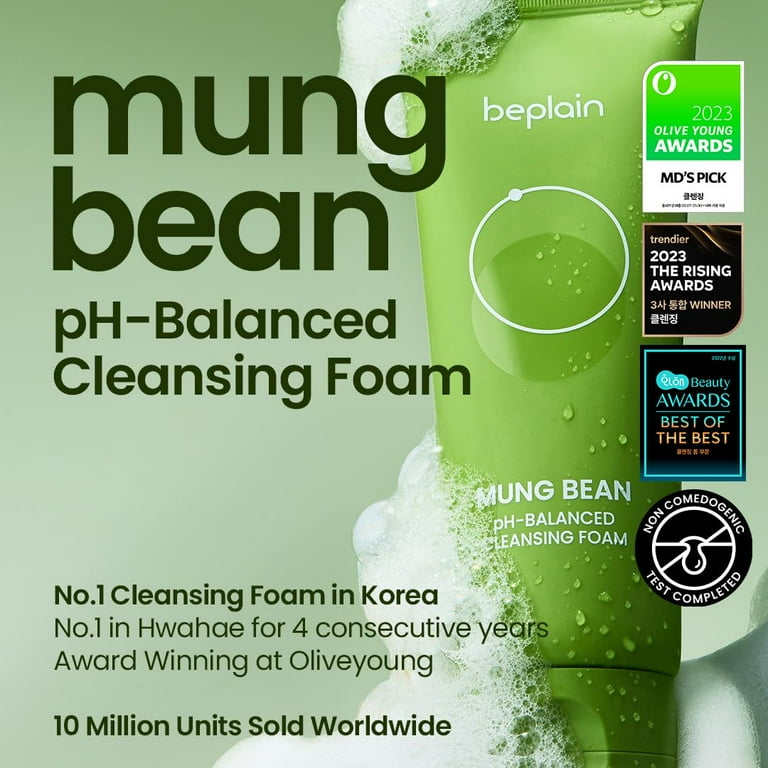 beplain Mung Bean Cleanser Deep Pore Facial Wash 2.7oz Fragrance-Free Non-Comedogenic Korean Skincare for Sensitive Skin pH-Balanced Foam Makeup Organizers