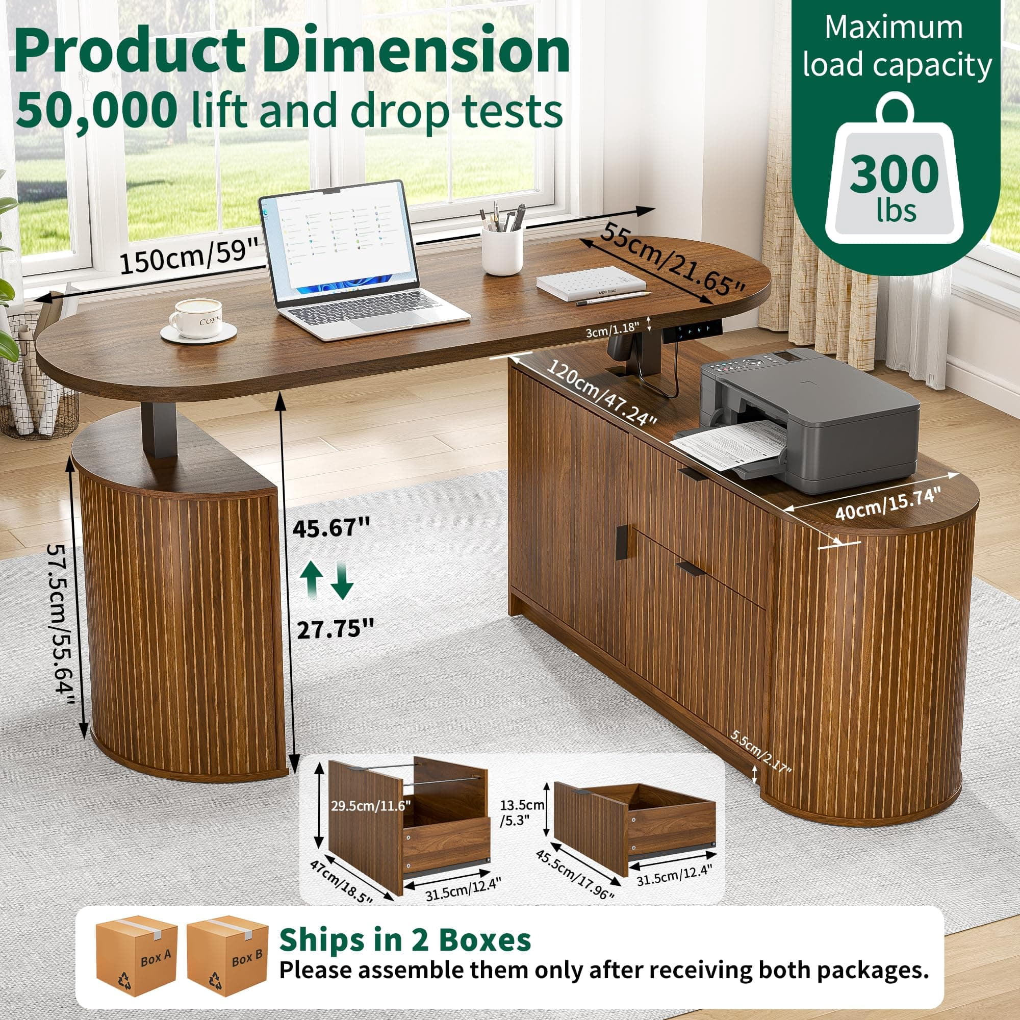 Electric L Shaped Standing Desk, 59" Mid Century Adjustable Height Desk with Drawer & 2 Cabinets