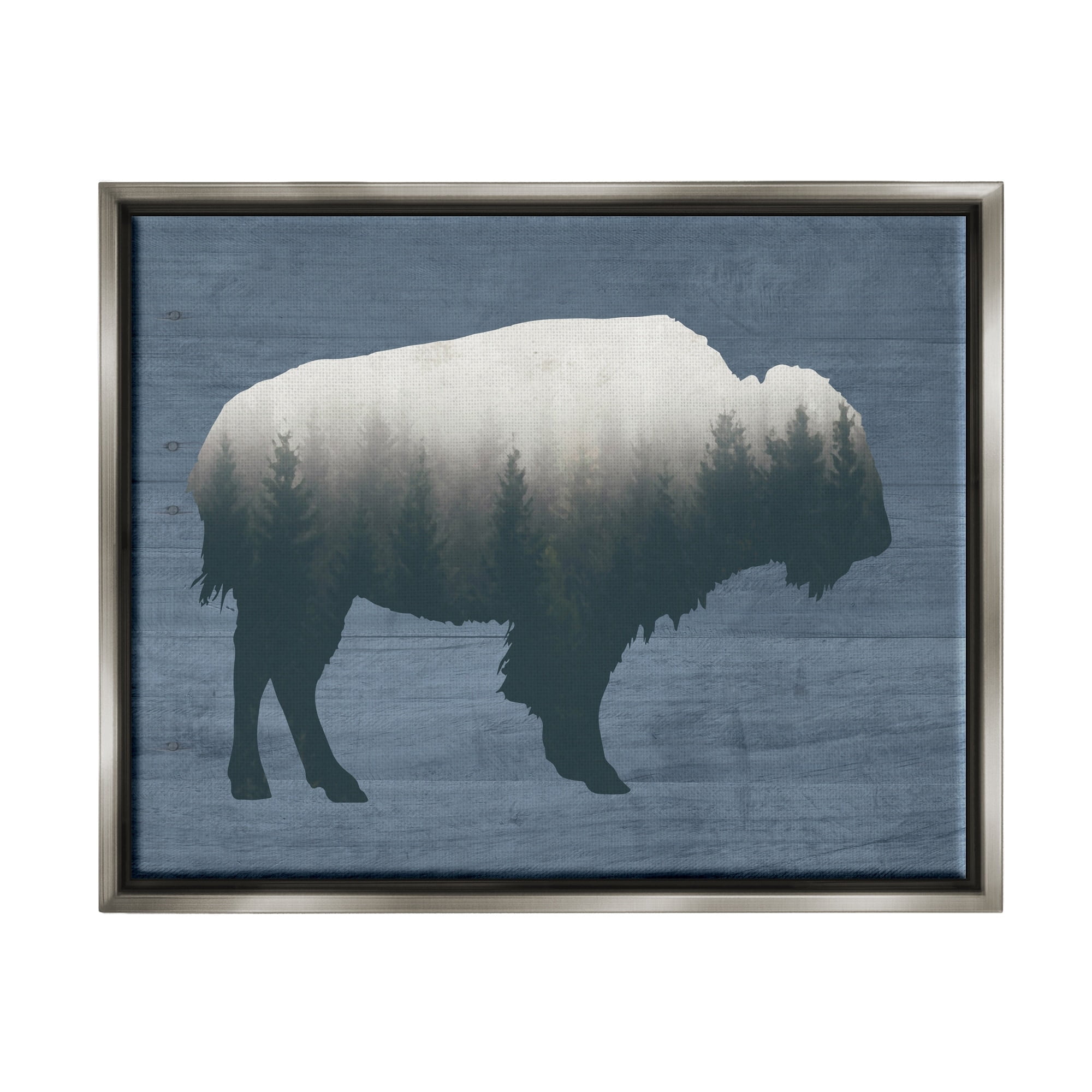 Stupell Industries Rustic Bison Shape Silhouette Forest Trees Pattern Graphic Art Luster Gray Floating Framed Canvas Print Wall Art, Design by Lettered and Lined