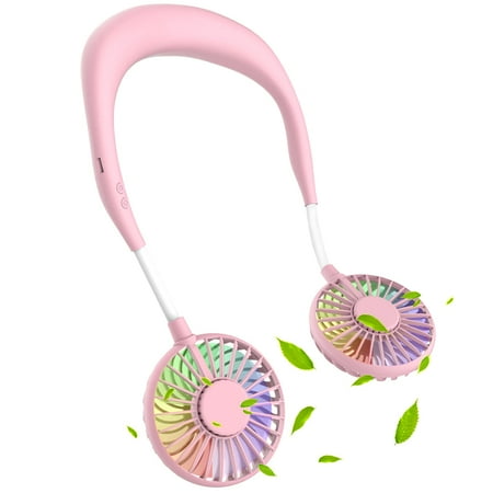 

Hands Free Mini USB Personal Fan - Rechargeable Portable Headphone Design Wearable Neckband Fan 3 Level Airflow 7 LED Lights (Pink)