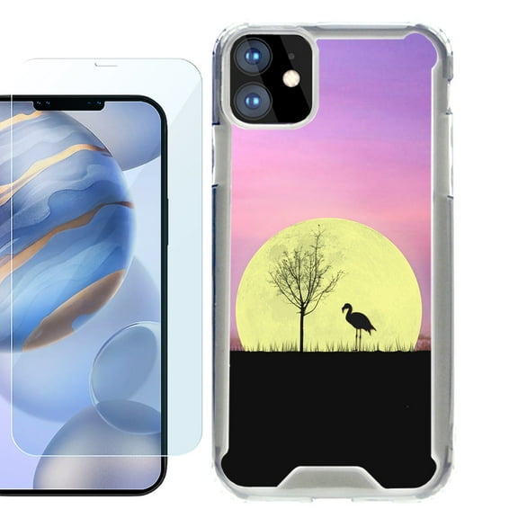 For Apple iPhone 12 Case, iPhone 12 Pro Case, Hybrid Bumper Phone case, with Tempered Glass Screen Protector, by OneToughShield ® - Moonlight Flamingo