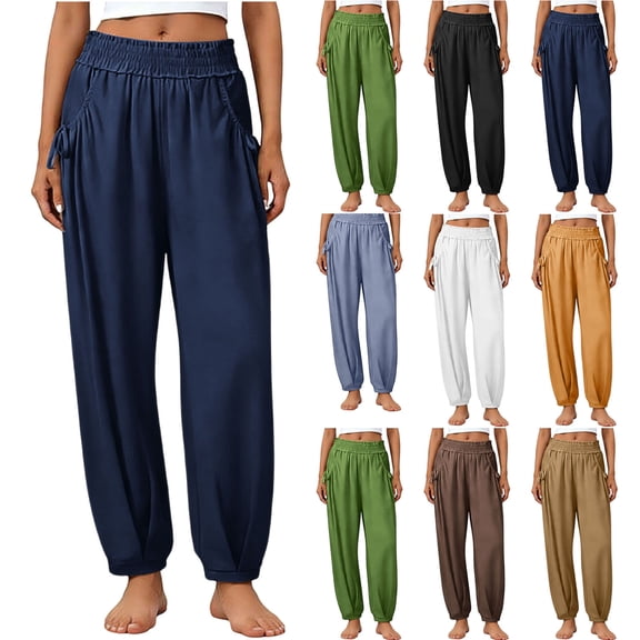 Tqcoqu Women's Pants Casual Smocked High Waisted Elastic Wide Leg Pants Loose Cotton Trousers with Pockets,Black,Women's S-XXXL
