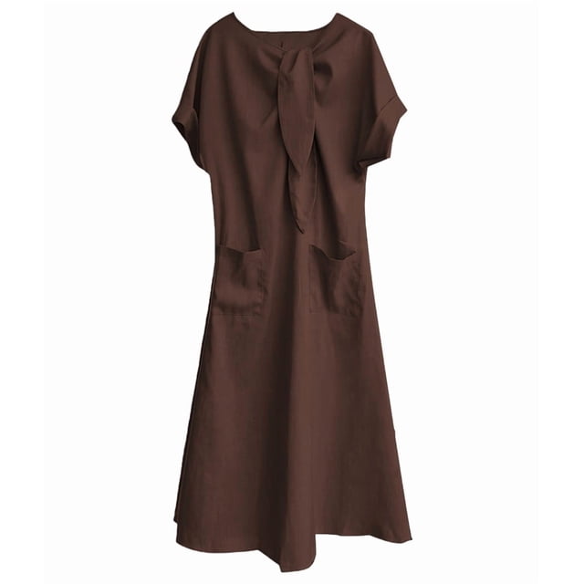 Robe Maxi Évasée Élégante à Manches Courtes avec Poche à Ruban pour Femmes, Coupe Ample Décontractée, Robe d'Été Marron TG