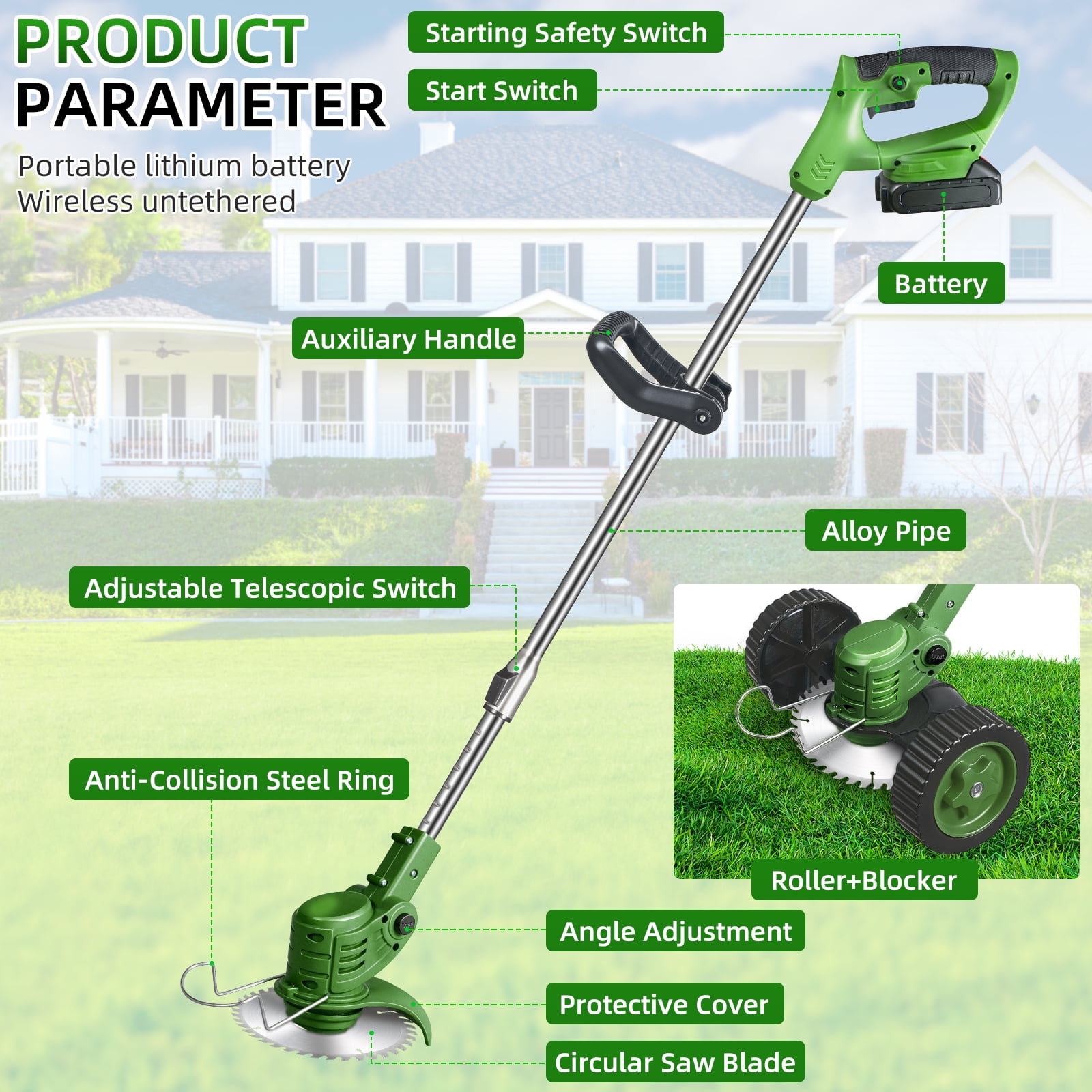 KingFurt  3-in-1 Wheel Edger Mini-Mower, Battery Powered Weed Wacker,Cordless lawn mower for yards