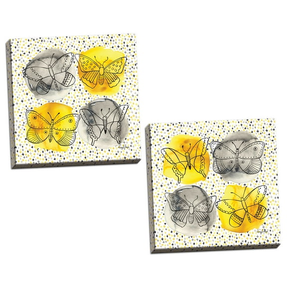 Gango Home Decor Modern Gray & Yellow Butterflies I & II by Amy Frazer (Ready to Hang); Two 12x12in Hand-Stretched Canvases