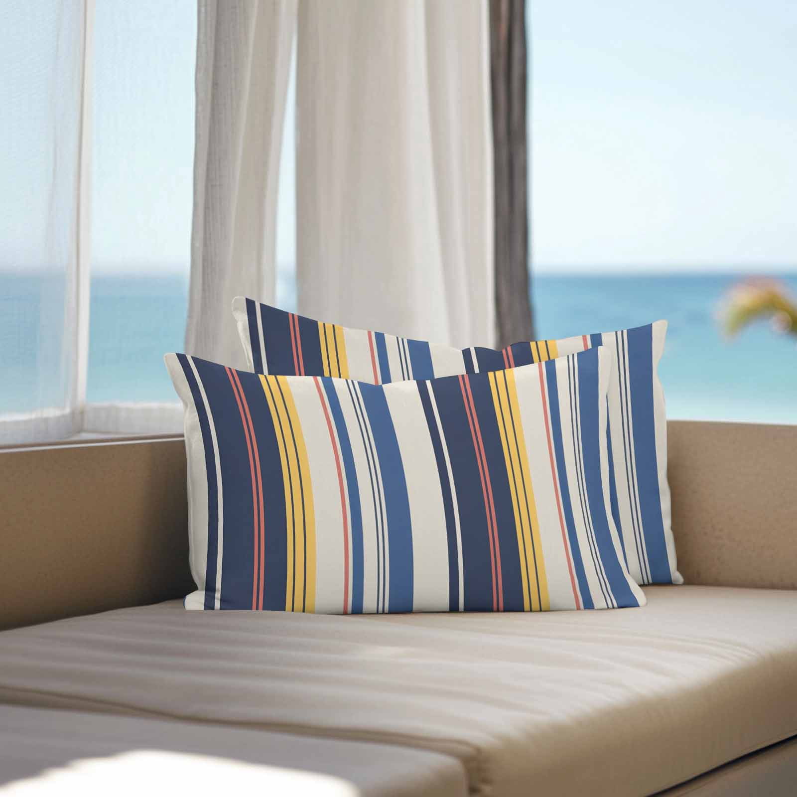 Vintage Stripes Outdoor Pillow Covers Set of 2 Navy Yellow Blue Striped Retro Line Waterproof Throw Pillow Case Decorative Square Cushion Cover for Patio Couch Garden Balcony, 20"x12"