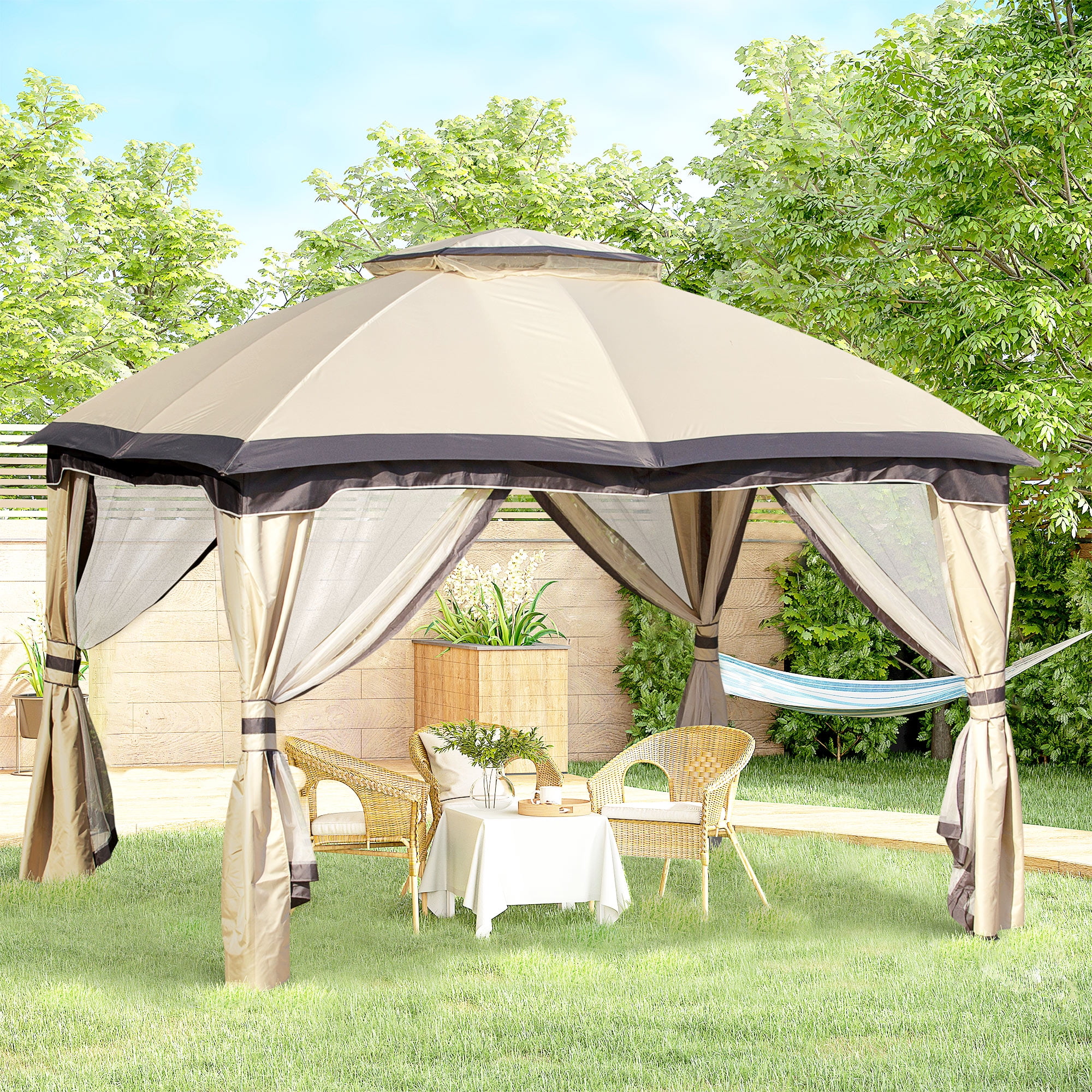 Outsunny 12 x 10 2 Tier Outdoor Gazebo Canopy Tent for Patio with Zippered Mesh Sidewalls Solid Steel Frame Arched Roof Beige