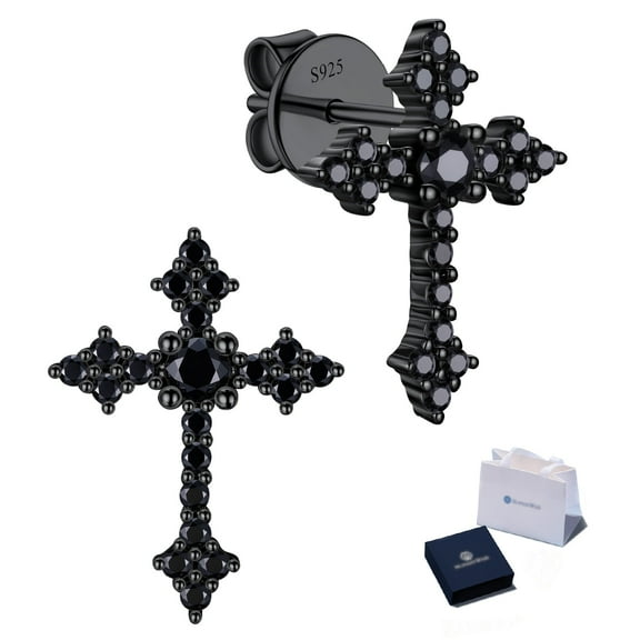 MomentWish Black Moissanite Cross Earrings for Men Women, D Color VVS1 Simulated Diamond S925 Sterling Silver Stud Earrings