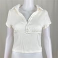 thumbnail image 4 of Camiseta de manga corta para mujer, Jersey informal con solapa de costura de Color sólido, Tops ajustados que combinan con todo, Primavera, 2022, 4 of 4