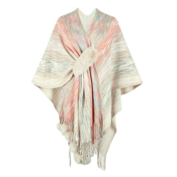 Duoif Womens Shawls, Ladies Contrast Color Fringe Knit Shawl Jacket Women Cape Cardigan Shawl Wraps for Women Beige
