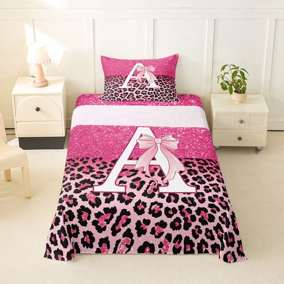 Manfei Cute Letter A Twin Sheets,Pink Leopard Print Bedding,3pcs