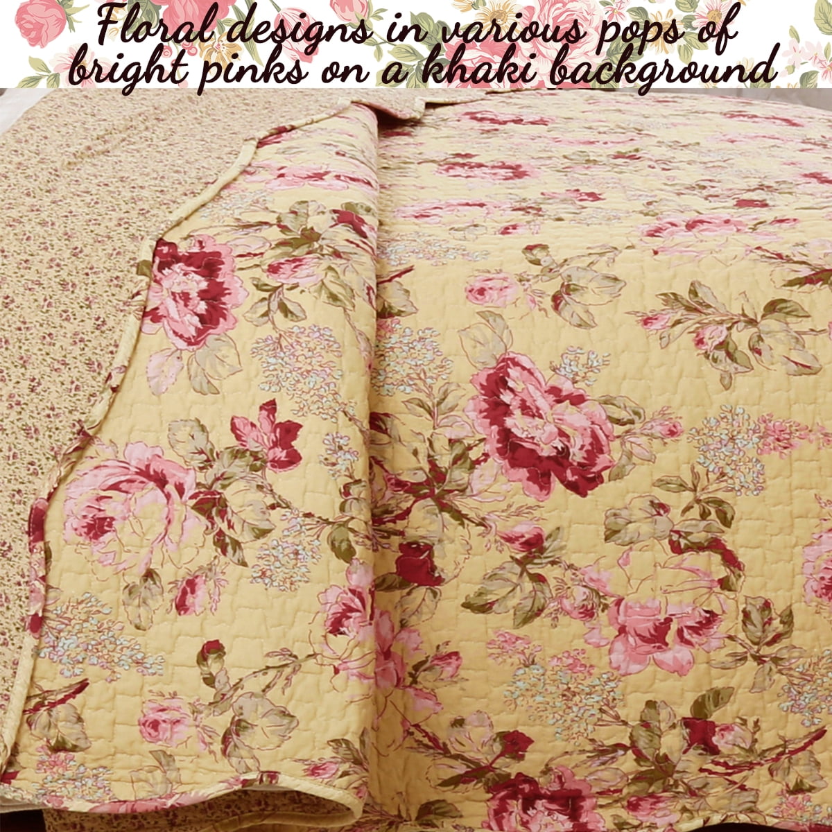 Cozy Line Lelia Pink Floral Print 100% Cotton 3-Piece Quilt Bedding Set, King Set