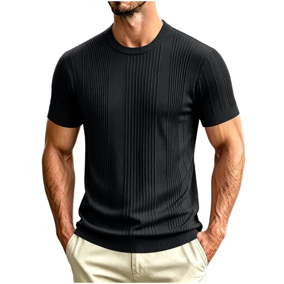 JTSRKL Mens Ribbed Knit Shirts Crewneck Short Sleeve Breathable Lightweight Tees Textured Summer Casual Daily Comfort Soft Wear Tops