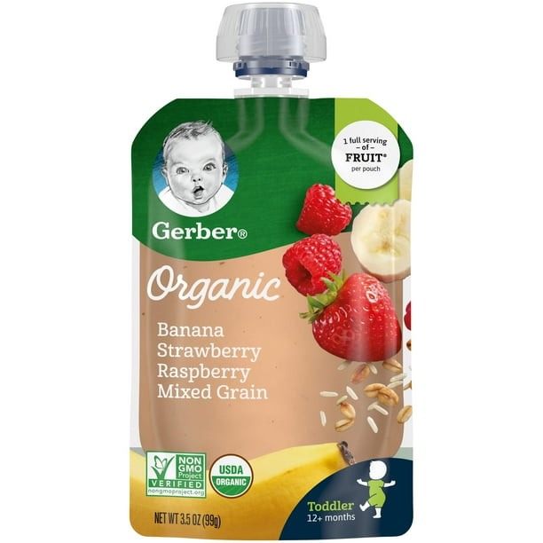 Gerber Organic Banana Strawberry Raspberry Mixed Grain Toddler Food, 3.