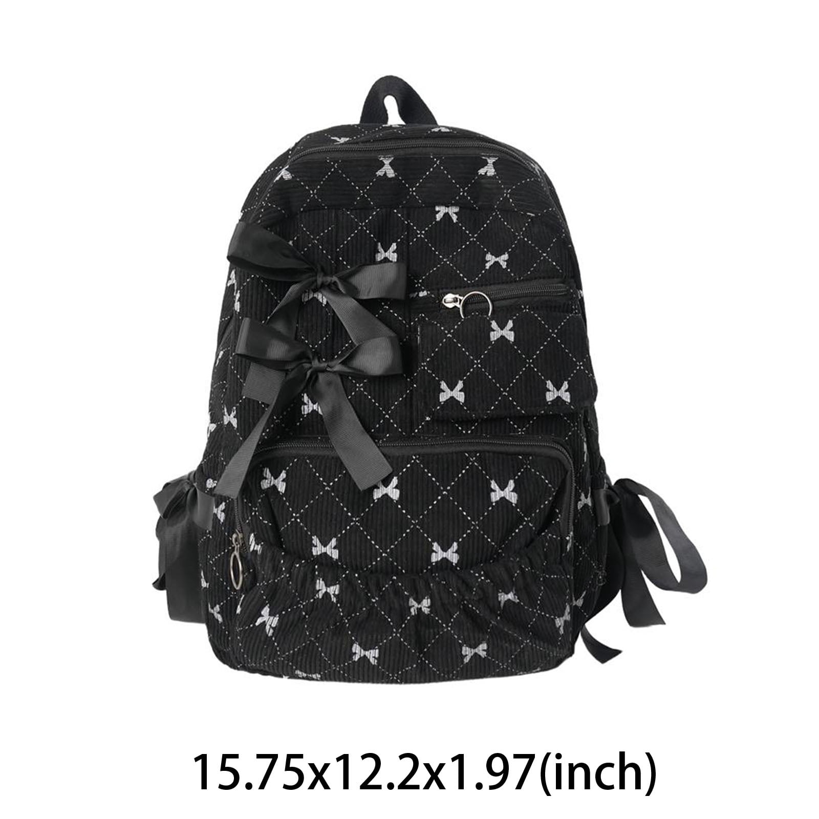 Yucurem Large Capacity Corduroy Backpack with Bow, Lightweight 15.75 inch Laptop Bag for Women, Aesthetic Daypack for College Travel (Black)