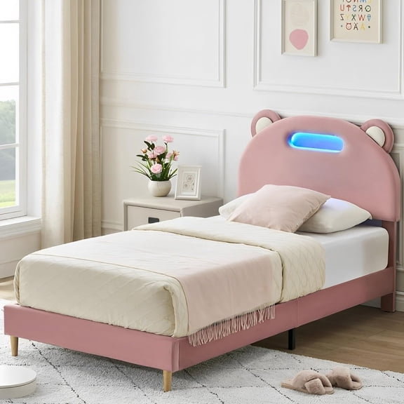 TROPOW Twin Bed Frames,with Velvet Headboard, Twin Size Platform Bed with Led Lights, Mattress Foundation with Wooden Slats, Noise Free, No Box Spring Needed,Light Pink