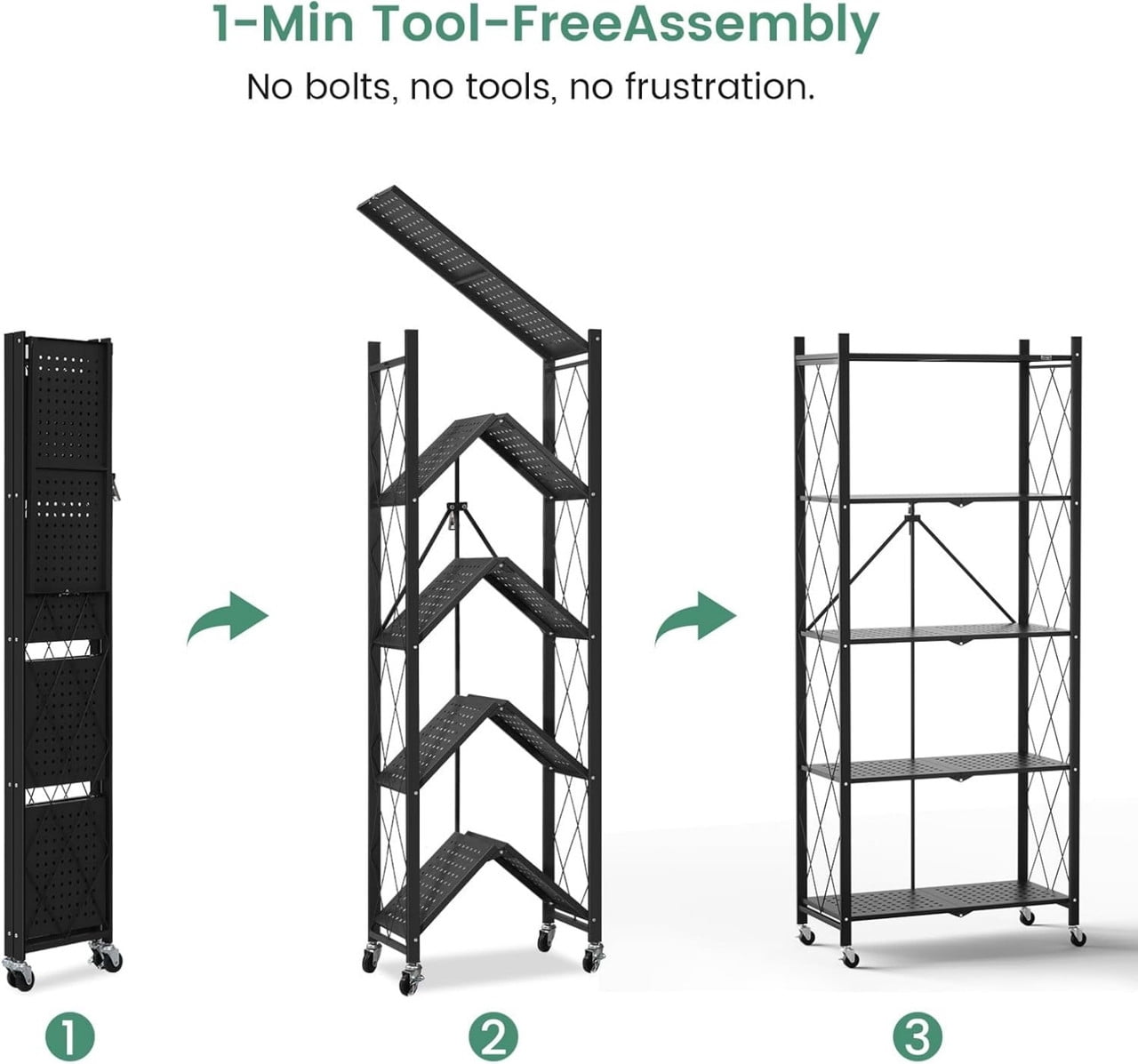 5-Tier Foldable Metal Storage Rack with Wheels, Heavy Duty Rolling Shelving Unit, Folding Metal Rack Shelving Unit for Garage, Kitchen, Basement