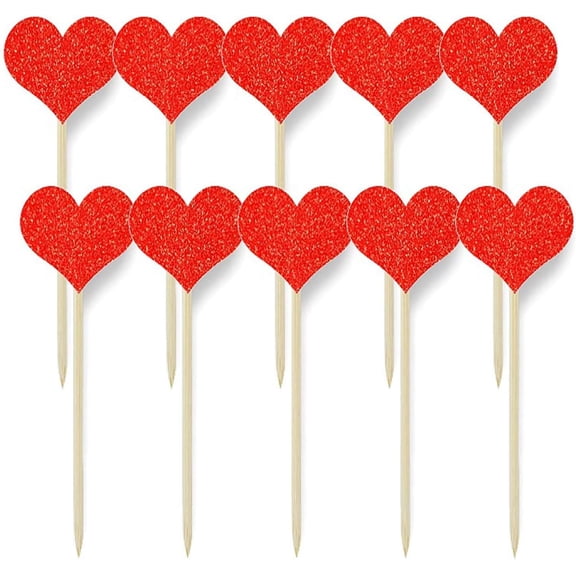12Pcs Heart Cupcake Toppers Sweet Love Theme Hearts Food Picks For Valentine Wedding Engagement Bridal Shower Birthday Party Cake Decorations - Red