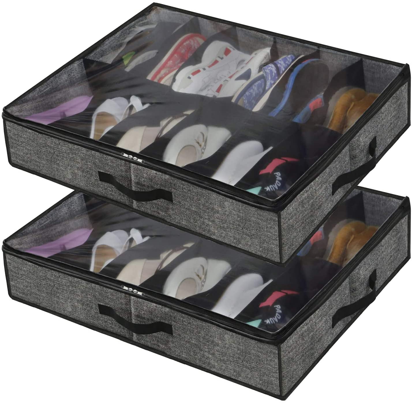 TINGOR Sturdy Under Bed Shoe Storage Organizer Set of 2, Fits 24 Pairs Total, Underbed Shoes Closet Storage Solution with Clear Window, Breathable, 26.77'x21.65'x5.51', Linen-like Black