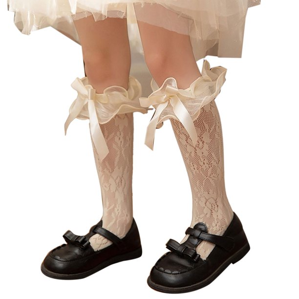 Calcetines hasta la rodilla de malla para niñas, medias hasta la pantorrilla de encaje Floral rosa con lazo de satén y ribete de volantes de Organza dulce de Lolita