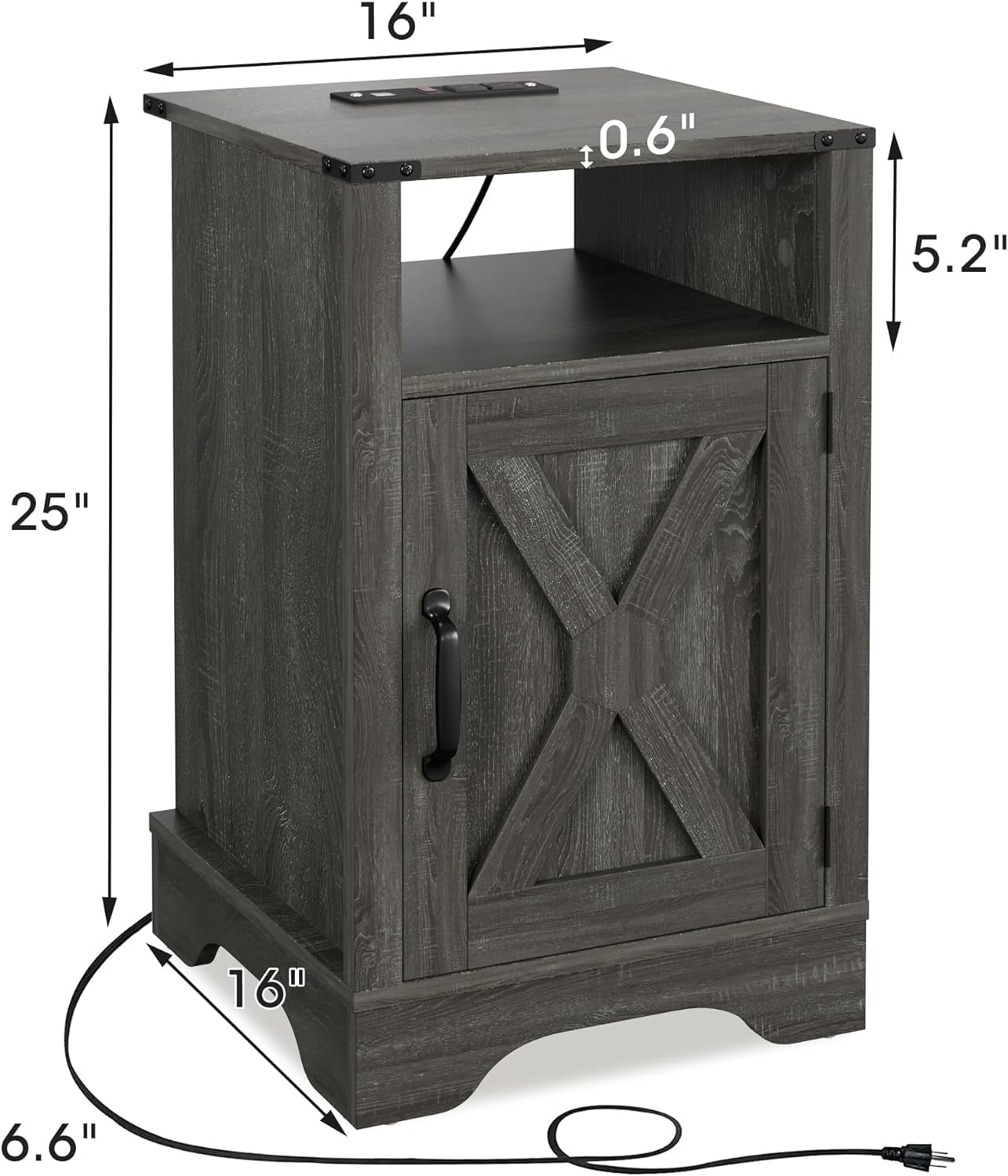 RoyalCraft Farmhouse Nightstand Set of 2, Wooden Rustic End Table with Charging Station, Storage Cabinets, Dark Grey