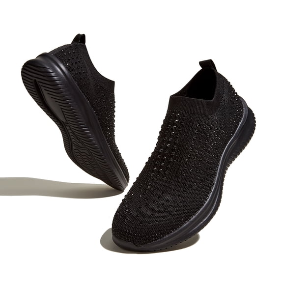 LUCKY STEP Fashion Breathable Rhinestone Sneaker Mesh Slip On Casual Shoes,Black,Womens