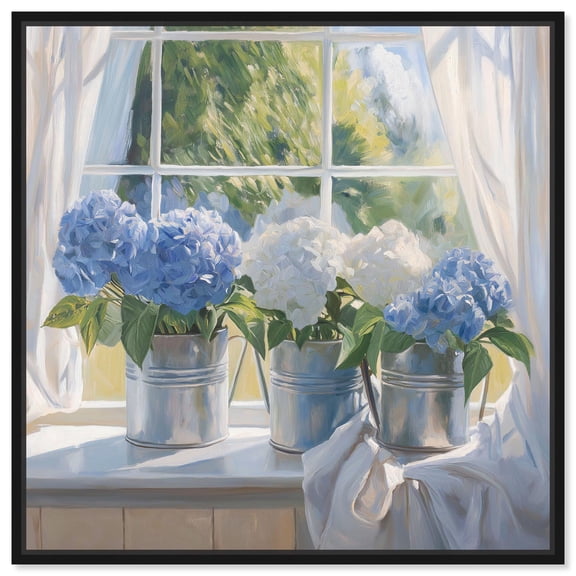 Sunlit Hydrangeas Canvas Bedroom Paintings by Art Remedy, Black Frame, 12 x 12