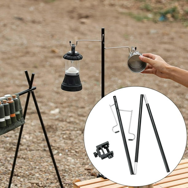 Portable Camping Folding Lamp Pole, Lightweight Collapsible Aluminum Stand, Outdoor  Lamp Post Hanging Light Holder Stick for Picnic, Hiking , Black Clamp, two  hooks 