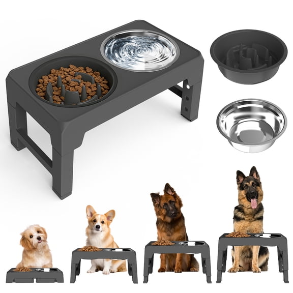 4 Height Adjustable Elevated Dog Bowls – Foldable Raised Dog Feeder Stand with Slow Feeder & Stainless Steel Water Bowl for Small Large Dogs