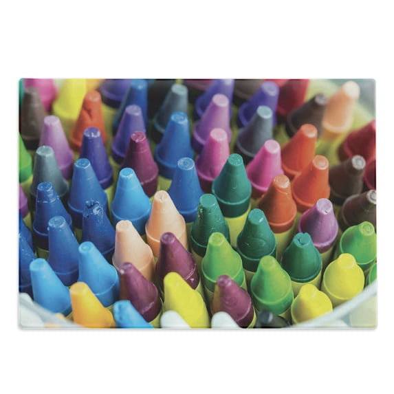 Crayon Cutting Board, Close up Photo of Painting Crafts in Assorted Colors with Blurred Background, Decorative Tempered Glass Cutting and Serving Board, in 3 Sizes, by Ambesonne