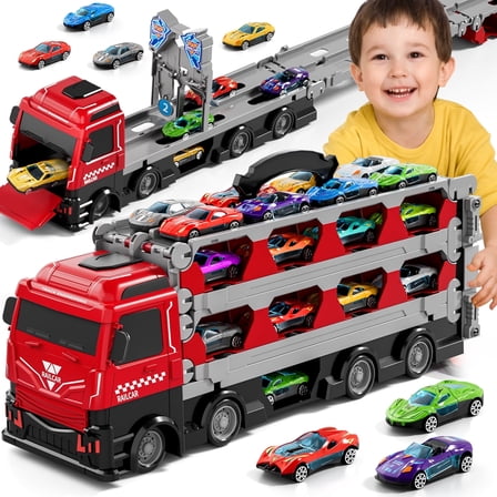 Garbo Star Truck Toys for Kids Boys, 24 Pcs Die-Cast Car Set with Race Track & Car Launcher, Boys Toys Ages 3-6