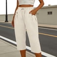 thumbnail image 2 of Women's Cotton Linen Cropped Pants, Mid Elastic Waist Drawstring with Button Detail Pocket, Casual Lightweight Straight Leg Loose Fit, Capri Pants for Women Summer Beach | VerBelle,Beige XL, 2 of 8