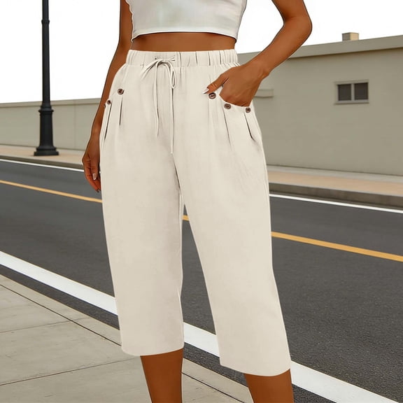 Cagogo Women's Capri Pants Elastic Waist Flowy Summer Casual Loose Cropped Palazzo Trousers Solid Basic Lounge Beach Party Pants, Beige 2XL