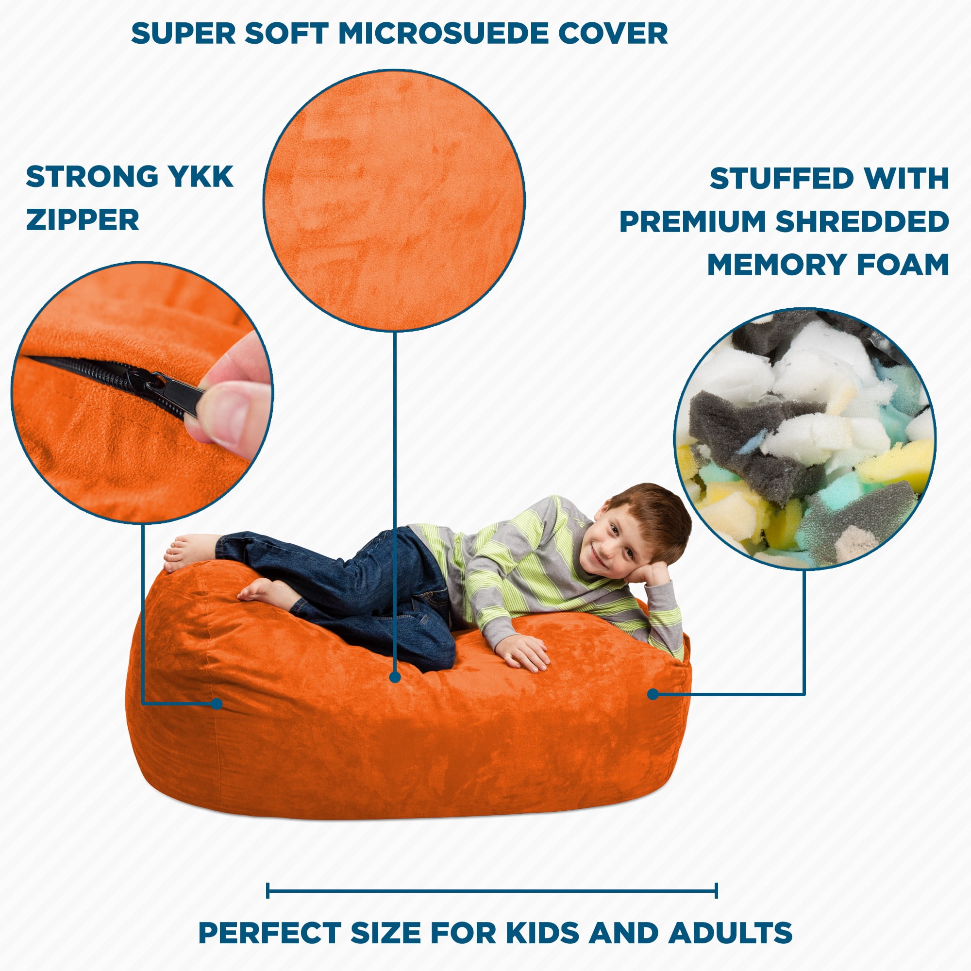 Chill Sack Bean Bag Chair, Memory Foam Lounger with Microsuede Cover, Kids, 2.5 ft, Orange