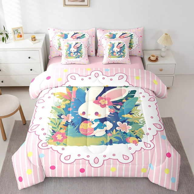 Cute Rabbit Bedding Set Full Size 7 Pcs,Happy Easter Eggs Jungle Bed Set for Kids Girls Colorful Polka Dots Striped Comforter Set,Bed in a Bag with Comforter,Sheets,Pillowcases Room Decor