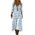 thumbnail image 5 of Lovzfmll Shift Dress for Women, Plaid Print V-Neck Long Sleeve, Casual Bohemian Maxi Dress Light Blue, XL, 5 of 5