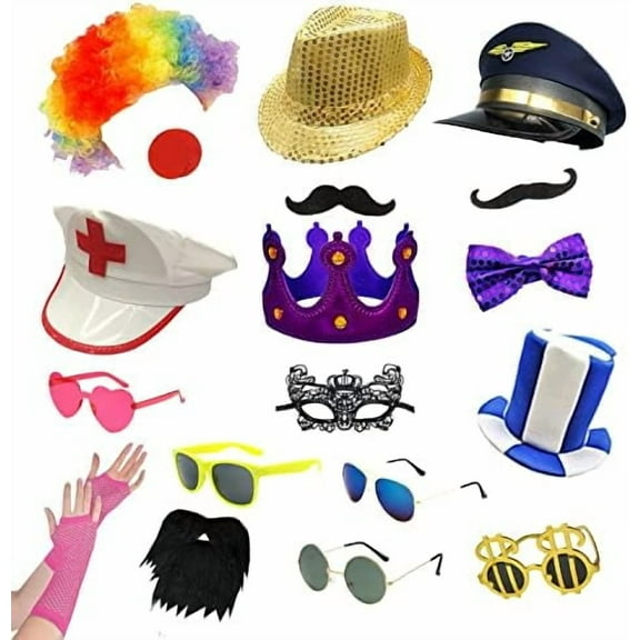 18 Pcs Funny Photo Booth Props for Adults - Assorted Dress Up Costume Hats and Fun Sunglasses - Fun Photo Booth Props Kits for Wedding, Bachelorette, Graduation, Birthday Party Supplies