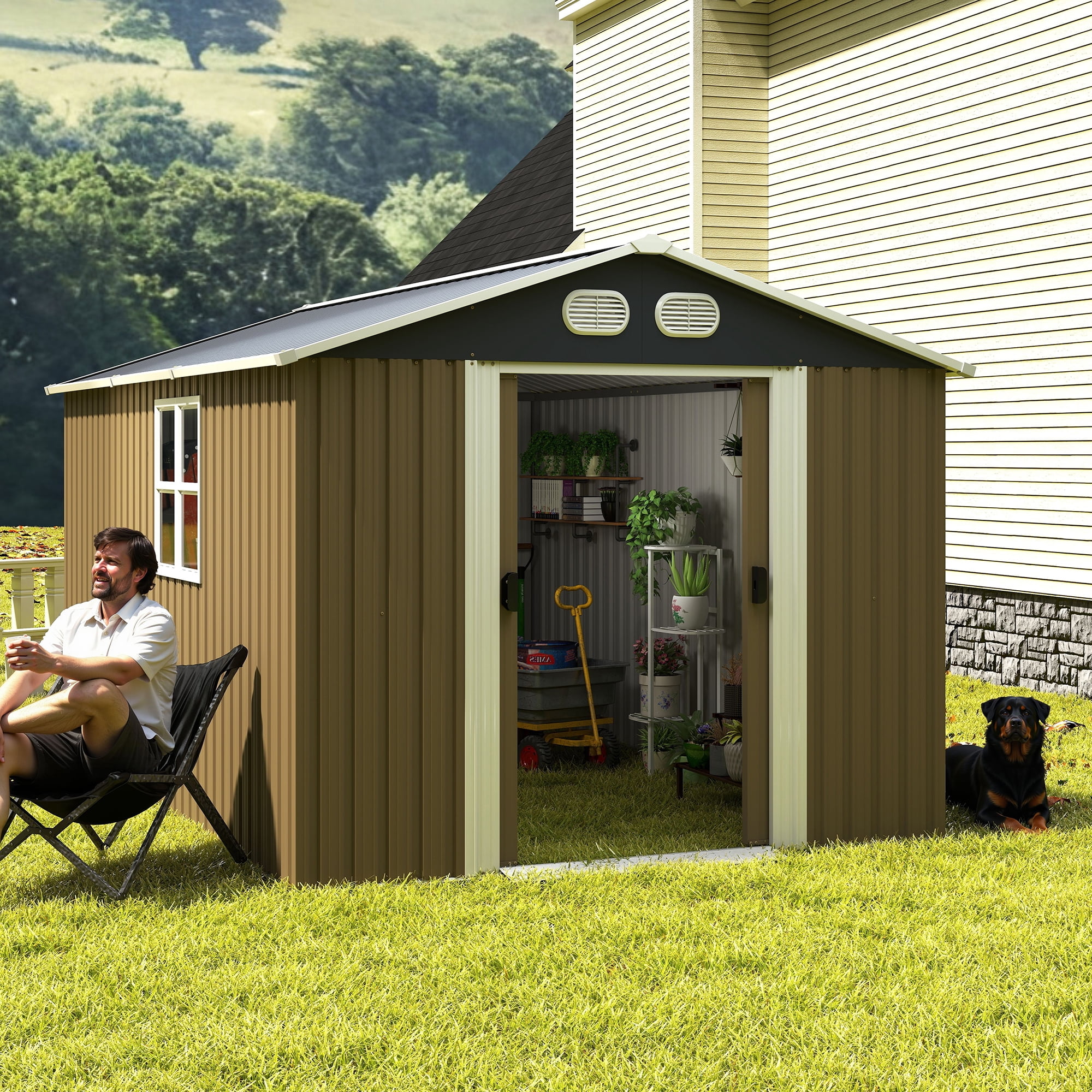 Leumius 8x12 FT Outdoor Metal Storage Shed, Large Storage Sheds with Sturdy Frame Structure, Metal Garden Tool Shed with Lockable Door for Garden Lawn Backyard Brown