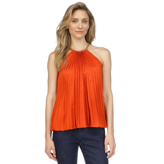 Michael Kors Women’s Pleated Chain Sleeveless Top – Bright Terracotta, Large