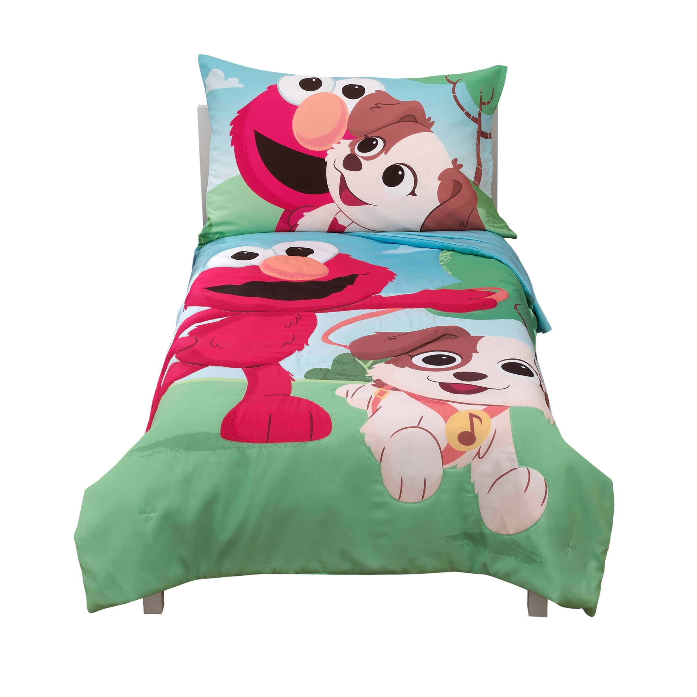 Sesame Street Furry Friends Elmo and Puppy 4 Piece Toddler Bed Set, Comforter, Top Sheet, Fitted Sheet, Pillowcase