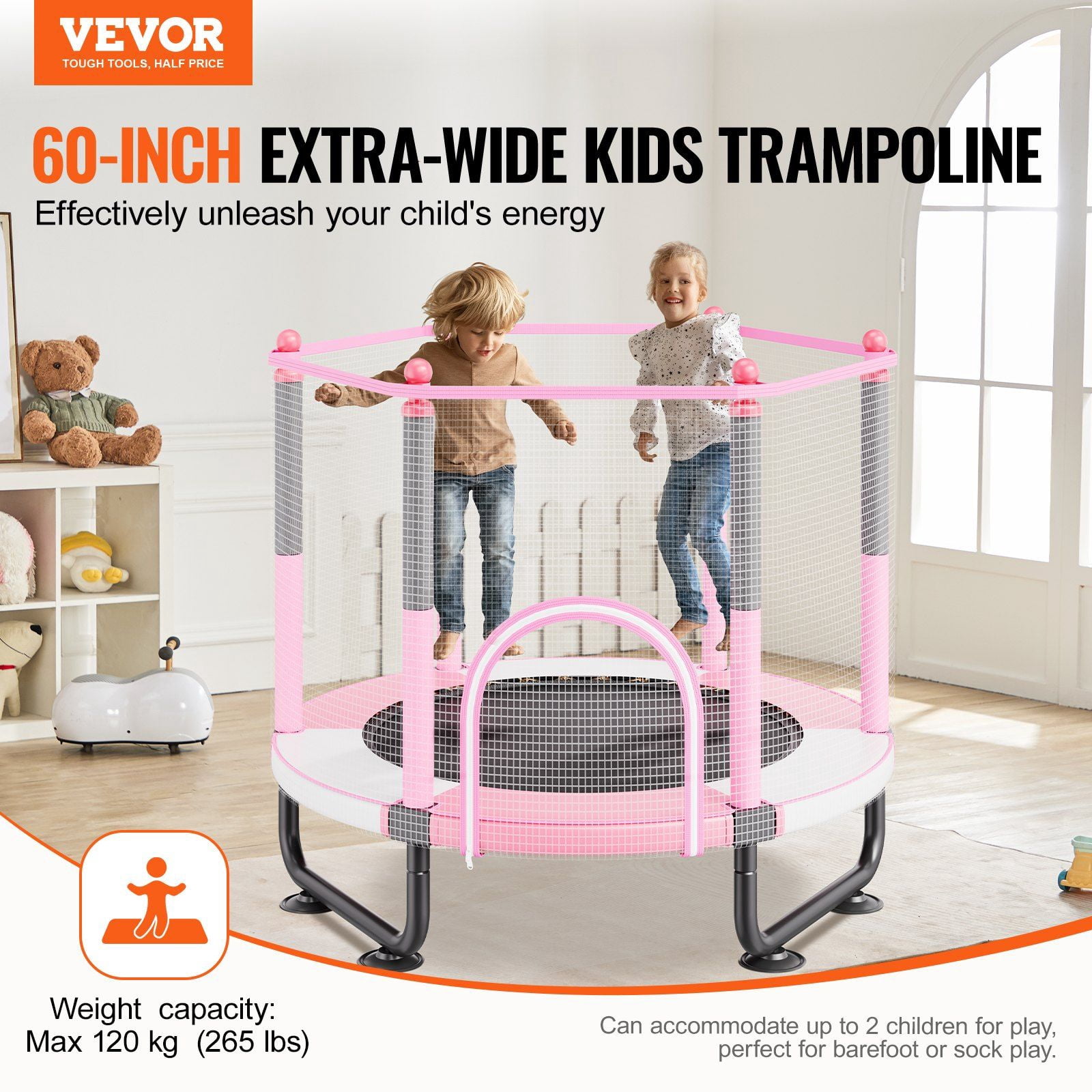 60 Inch Kids Trampoline with Safety Enclosure Net and Basketball Hoop 5FT Indoor Outdoor Mini Trampoline for Toddlers 3+ Years Pink Birthday Christmas Gifts