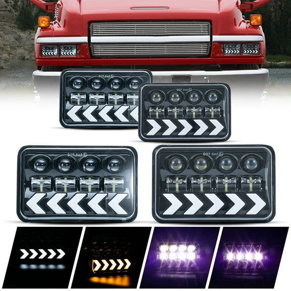 4pcs 4x6 4"x6" Rectangular Sealed Beam Upgrade Amber Dynamic Arrow Turn Signal/Parking White DRL High Low Beam LED Halo Projector Headlights Assembly H4 Bulbs   Adaptors Black Housing Clear Lens