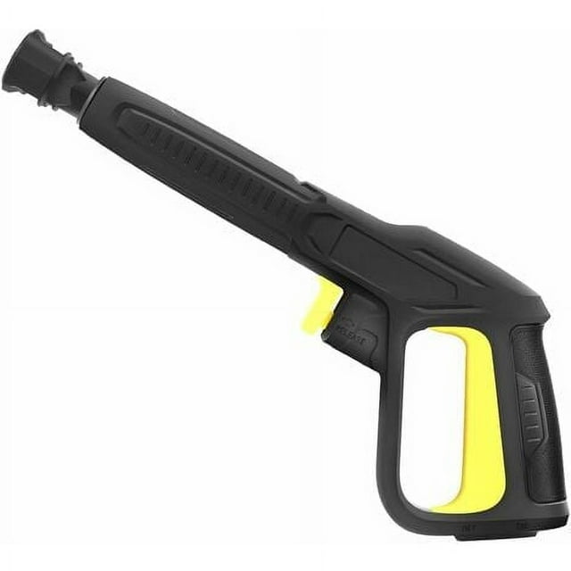 pistola de gatillo para hidrolavadora karcher k2, k3, k4, k5, k6 y k7, accesorio de conexión rápida para lavado de autos — pistola de repuesto negra con acentos amarillos, empuñadura cerrada con gatillo y seguro infantil, adaptador de bayoneta para lanza de espuma y conexión rápida para manguera de alta presión; máx.150 bares y 60°C; también usada para acoplar lanzas de espuma en lavado de autos.