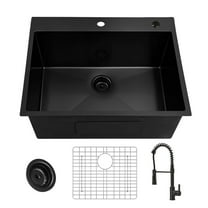 25 x 22 inch Drop-in Single Bowl Kitchen Sink, 18 Gauge Black Stainless Steel Kitchen Sink, Handmade Topmount Sink with Black Pull Out Spring Neck Faucet